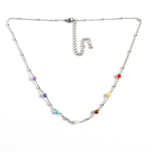 Chakra necklace with seven gemstone beads on adjustable stainless steel neck chain