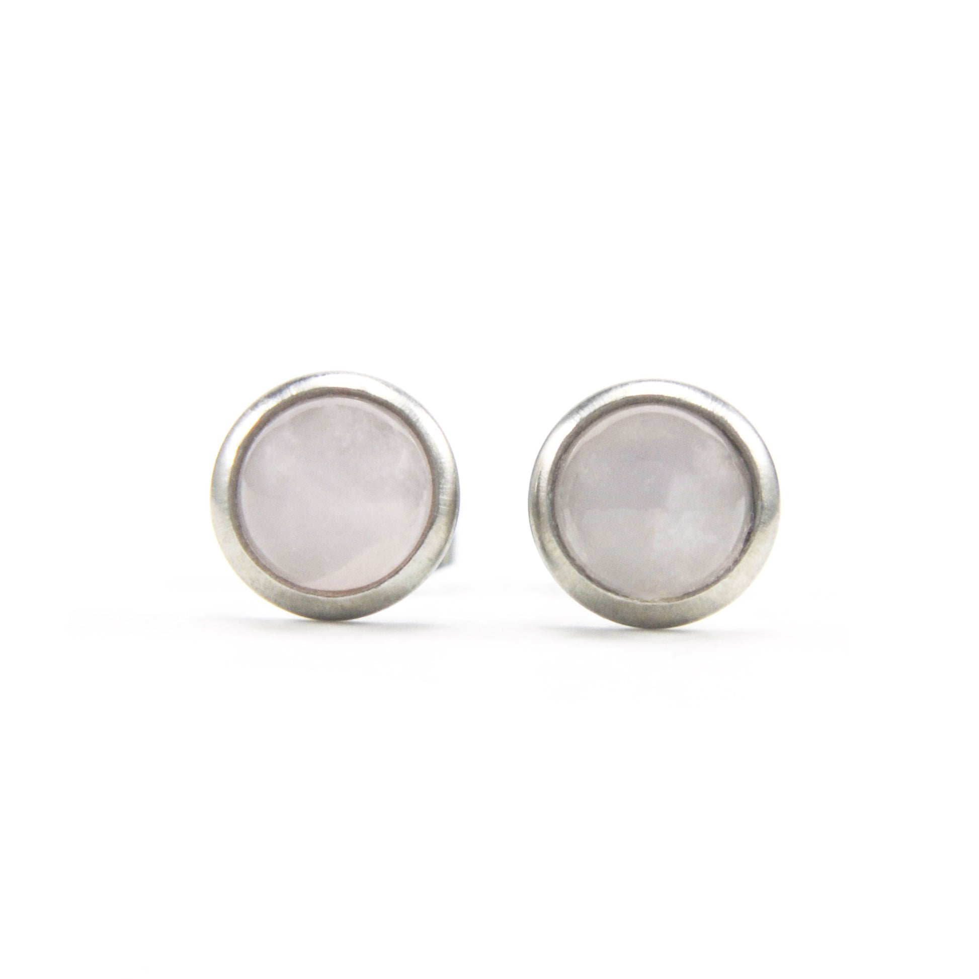 Front view of round Rose Quartz stud earrings
