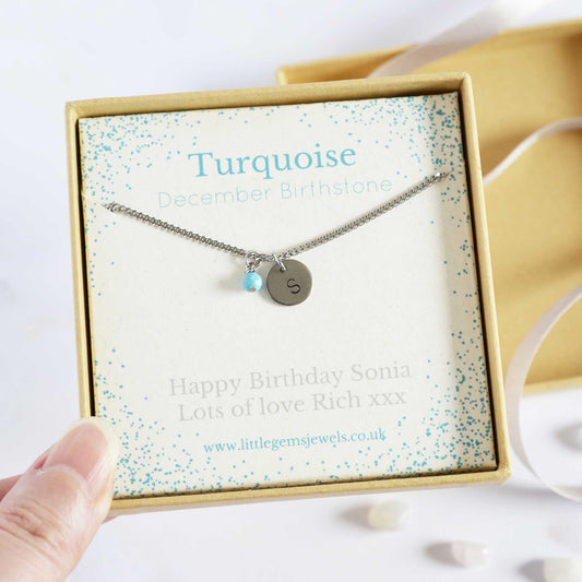 Personalised Turquoise birthstone necklace with initial charm in gift box