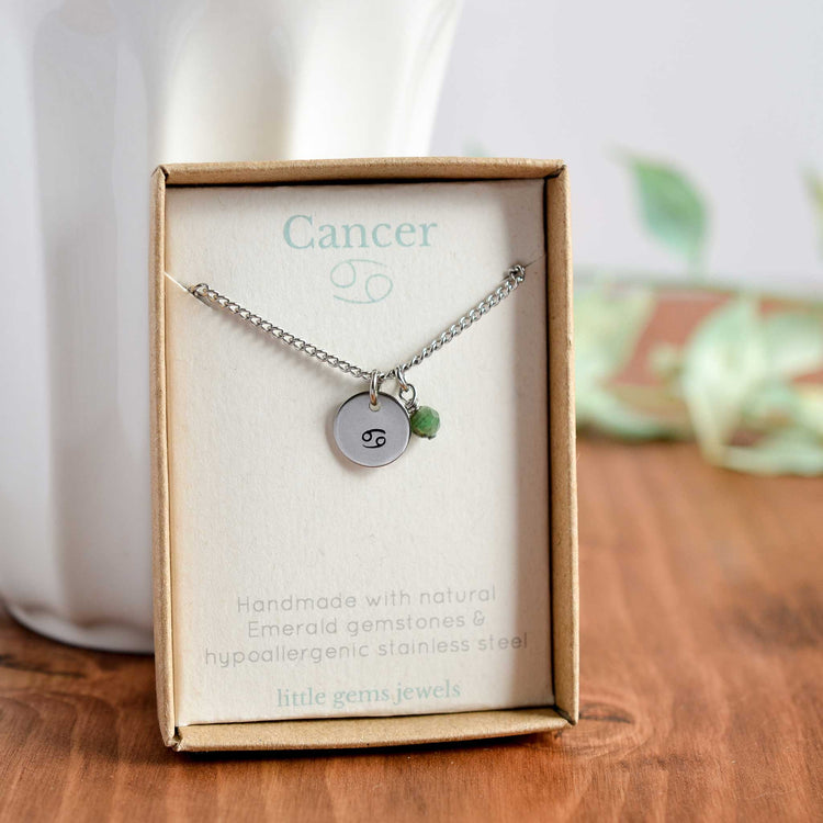 Cancer Zodiac Sign necklace with emerald charm in eco friendly gift box