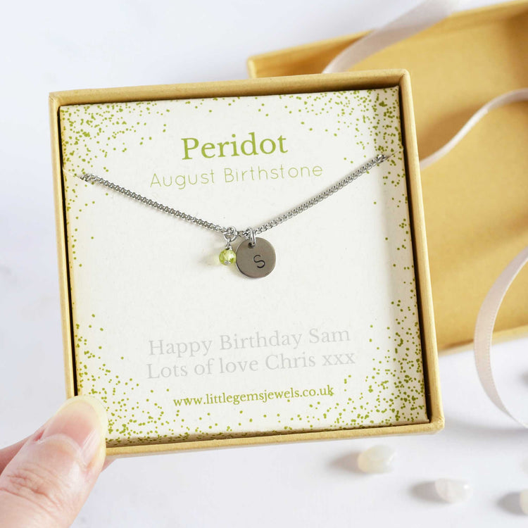 Peridot August birthstone necklace with letter charm and personalised gift message