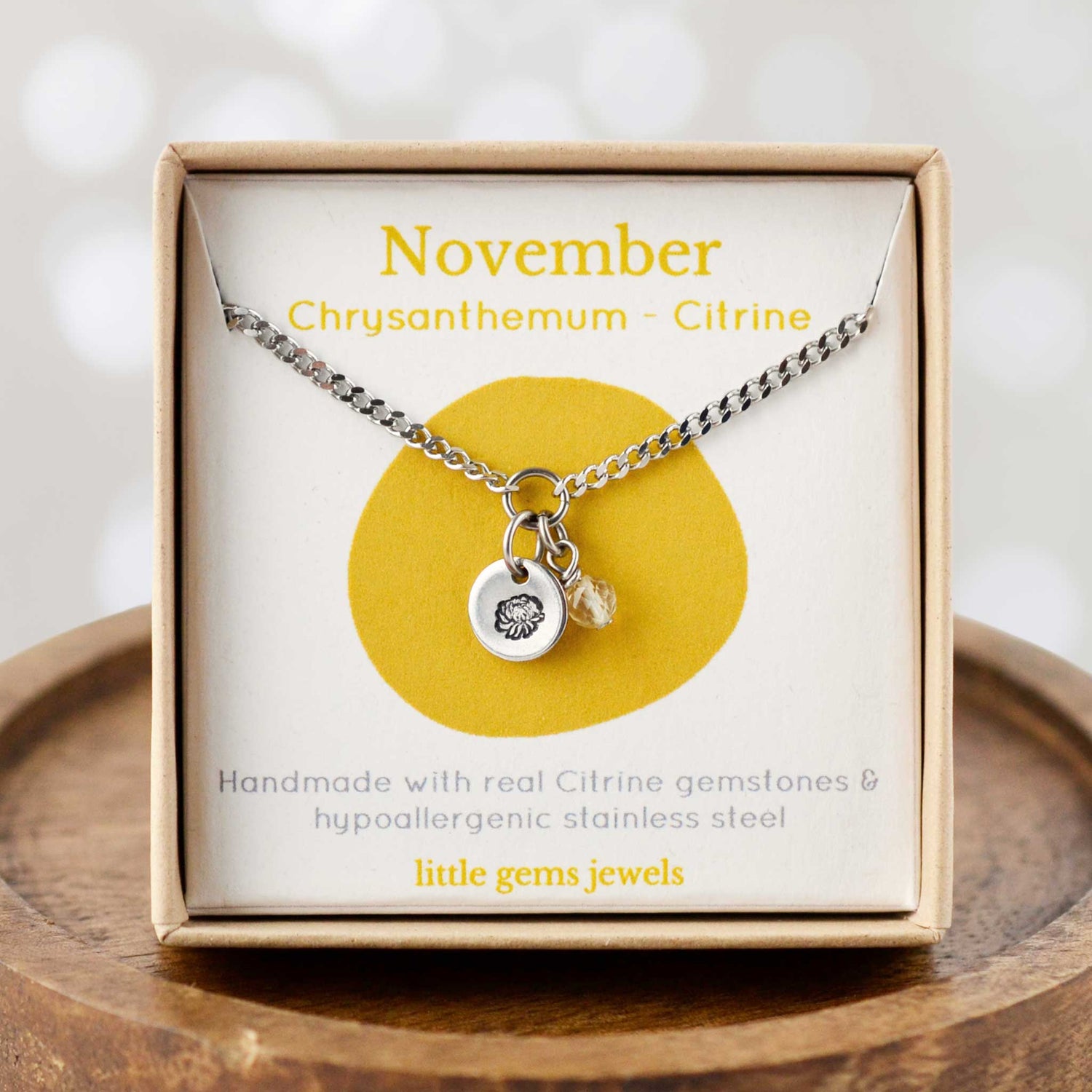 November Chrysanthemum Birthflower & Citrine gemstone dainty charm necklace in eco-friendly gift box