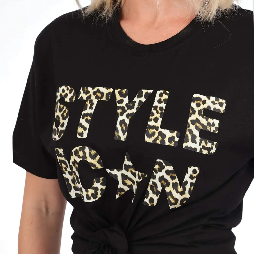 Black t-shirt with leopard print text on a white background