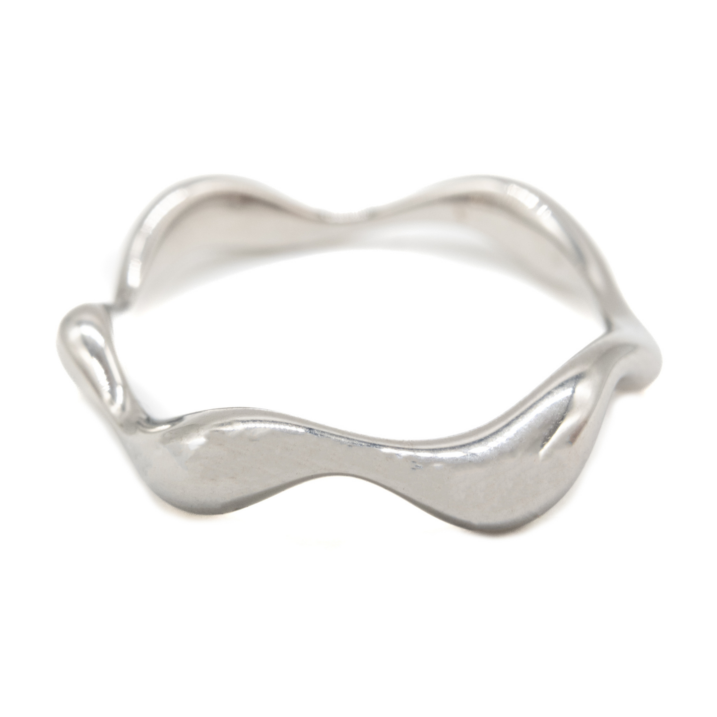 Stainless steel ring with a wavy design on a white background