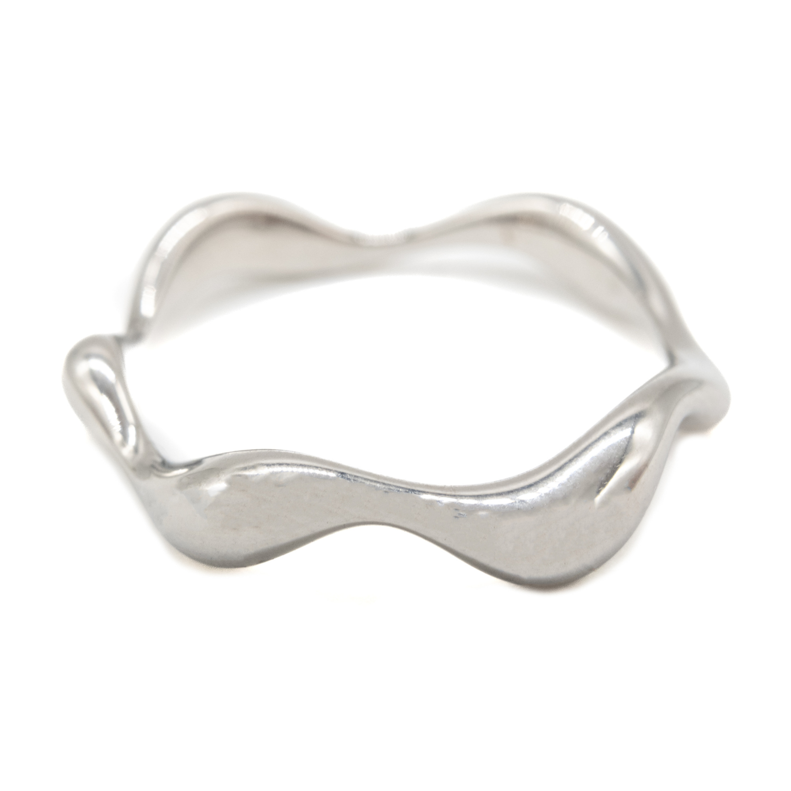 Stainless steel ring with a wavy design on a white background