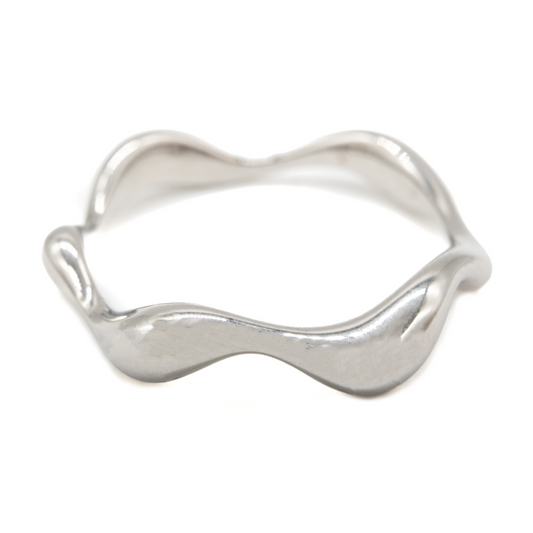 Stainless steel ring with a wavy design on a white background