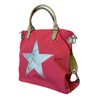 Red handbag with a silver star on a white background