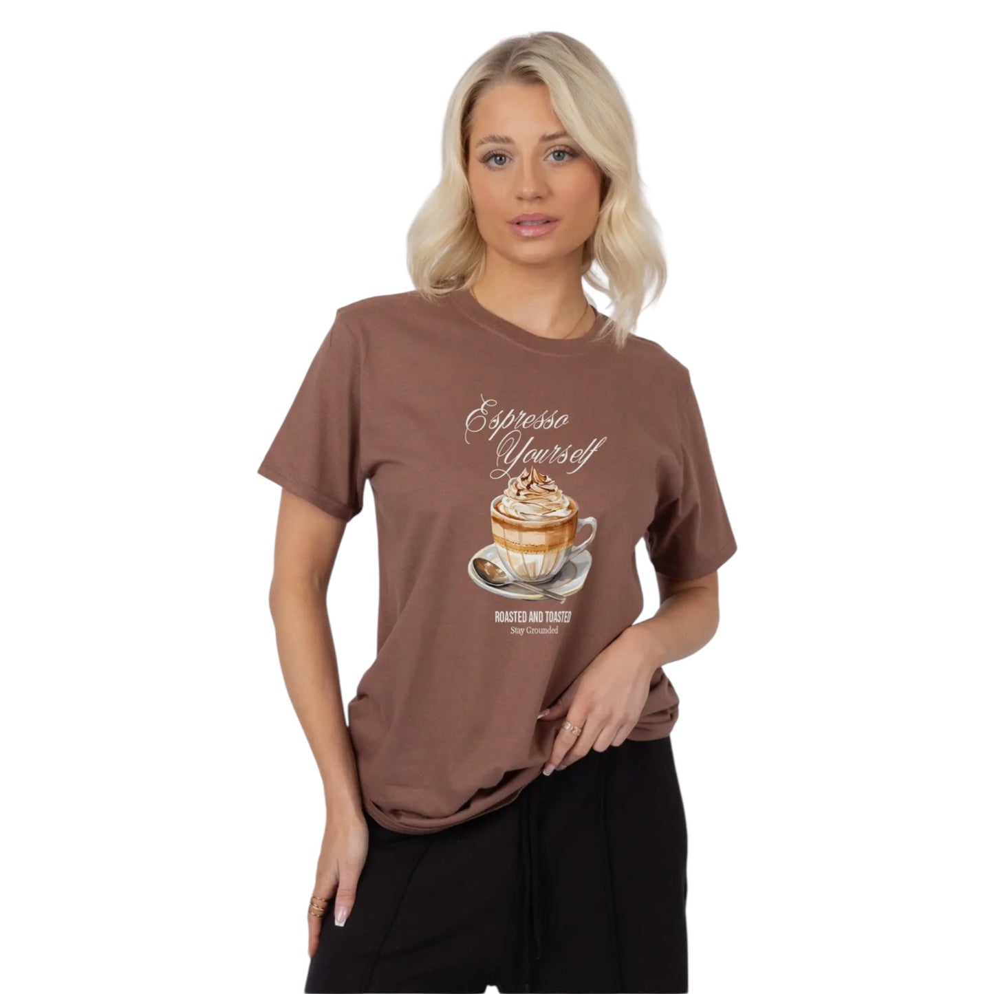 Woman wearing a brown t-shirt with a coffee graphic and text on a white background