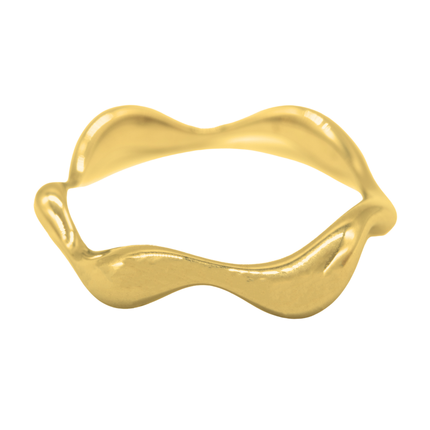 Gold ring with a wavy design on a white background