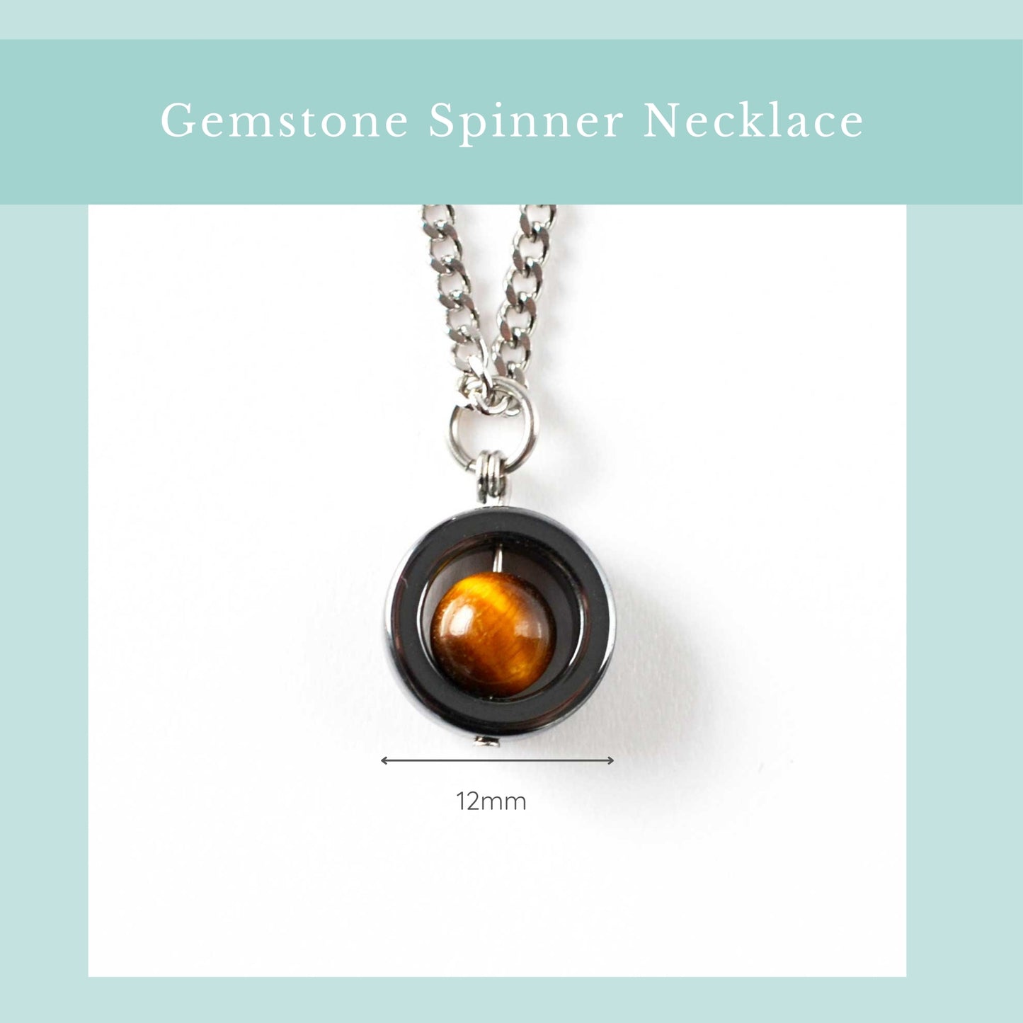 Size guide for Tigers Eye gemstone spinner pendant, width 12mm.