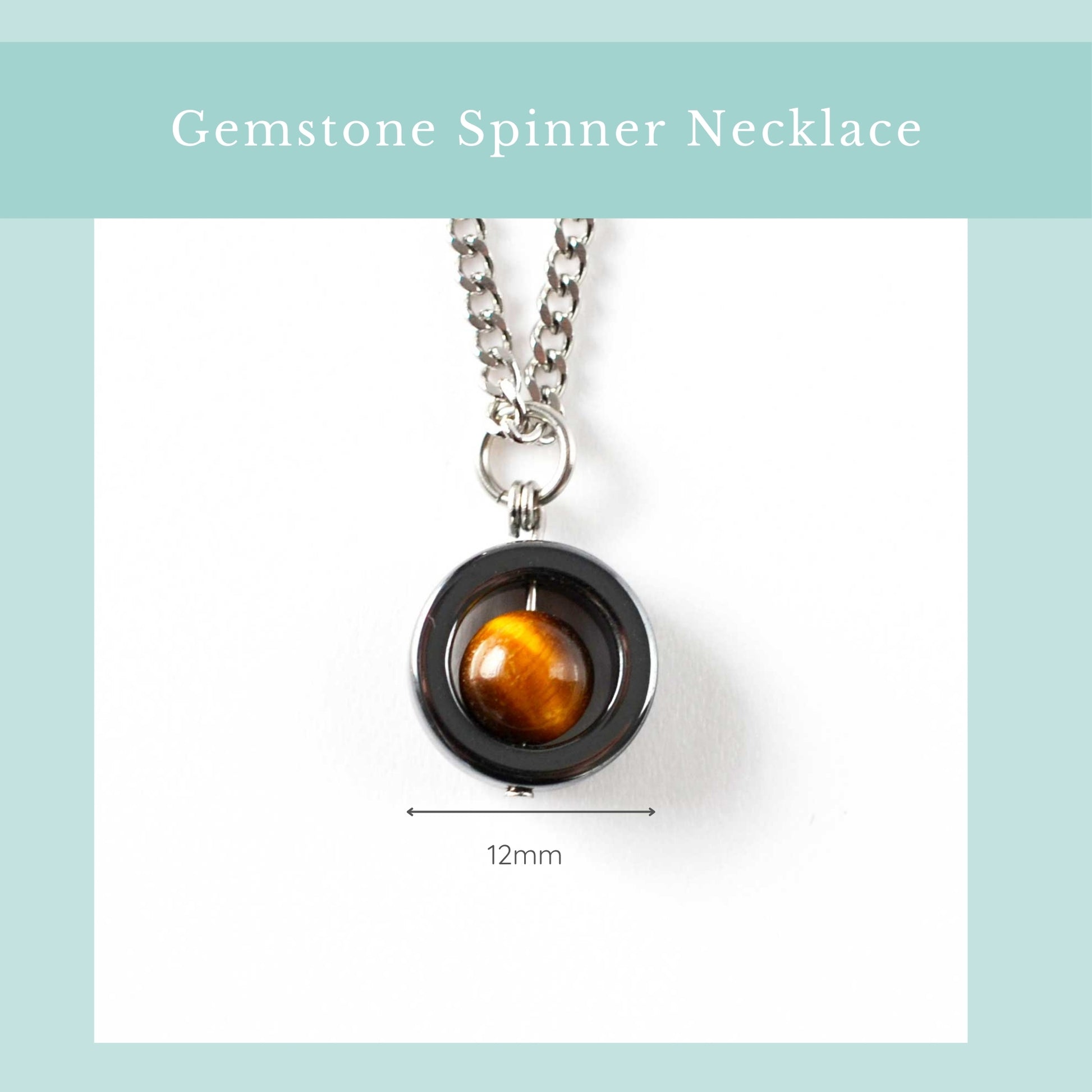 Size guide for Tigers Eye gemstone spinner pendant, width 12mm.