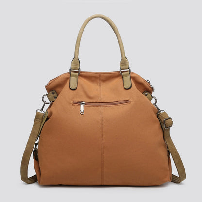 Brown handbag with beige straps on a light gray background