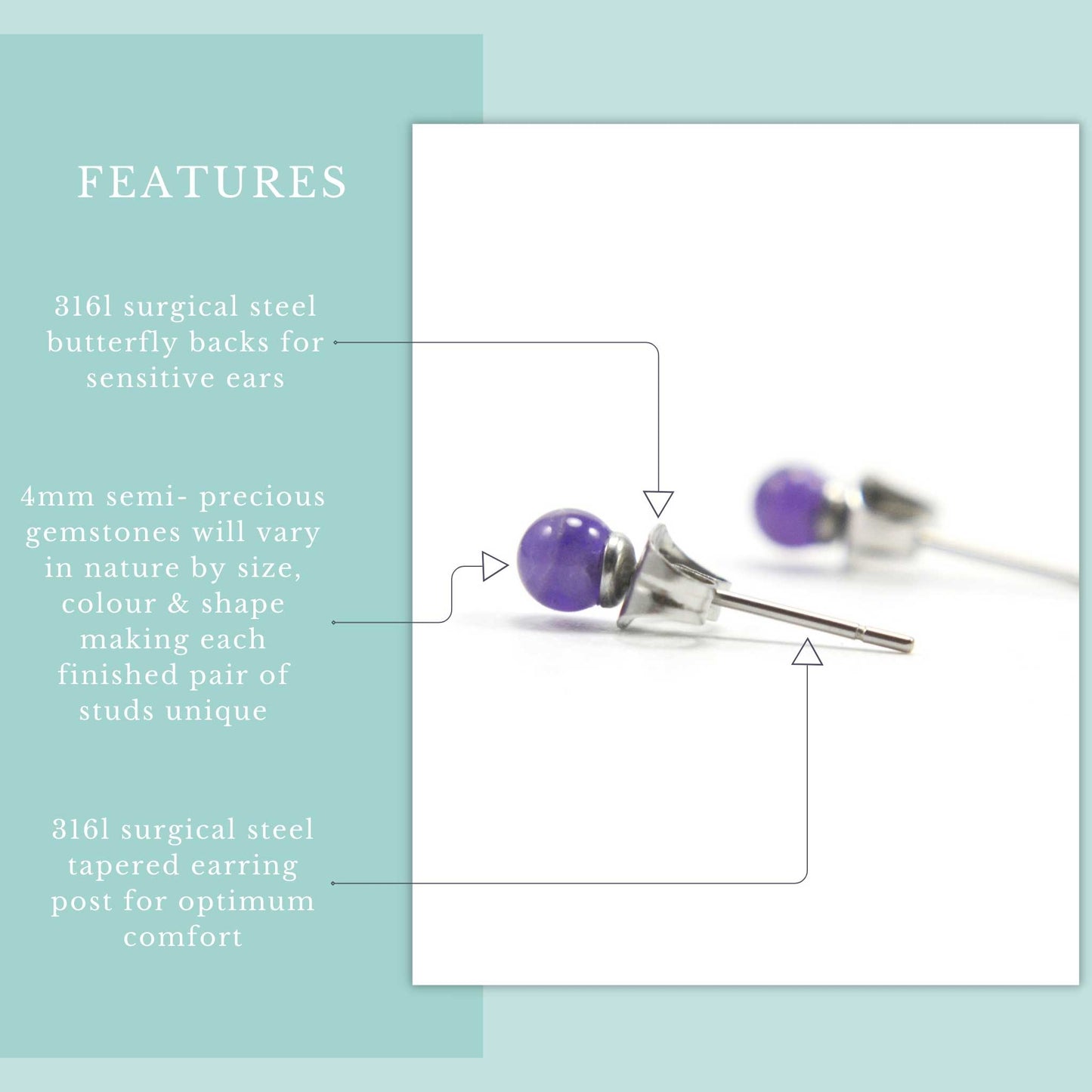 4mm Amethyst stud earrings features graphic. Real Amethyst gemstones and hypoallergenic surgical steel for sensitive ears.