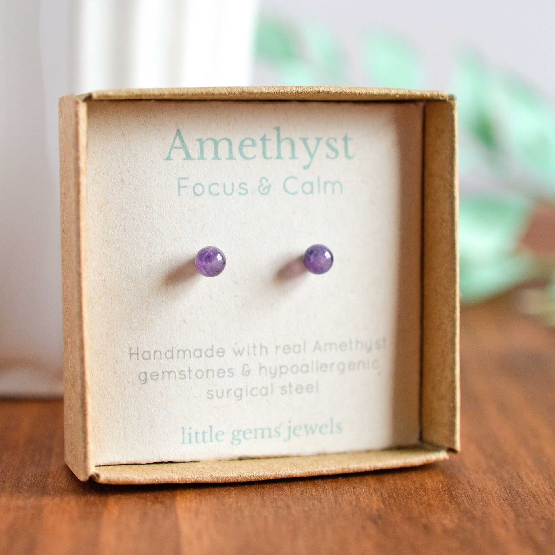 Small purple Amethyst stud earrings in eco friendly gift box