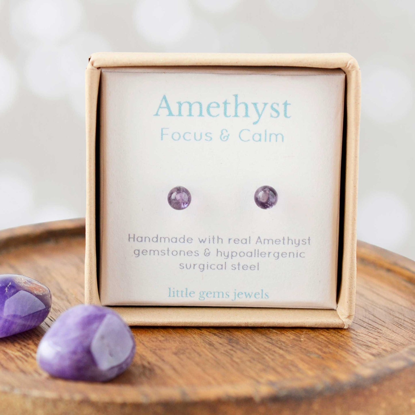 4mm Amethyst for focus and calm stud earrings in eco-friendly gift box.