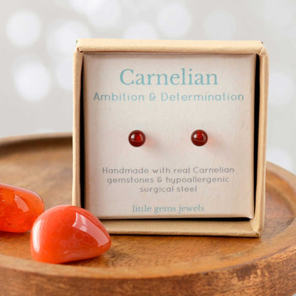 Carnelian gemstone for ambition & determination stud earrings in eco friendly gift box.