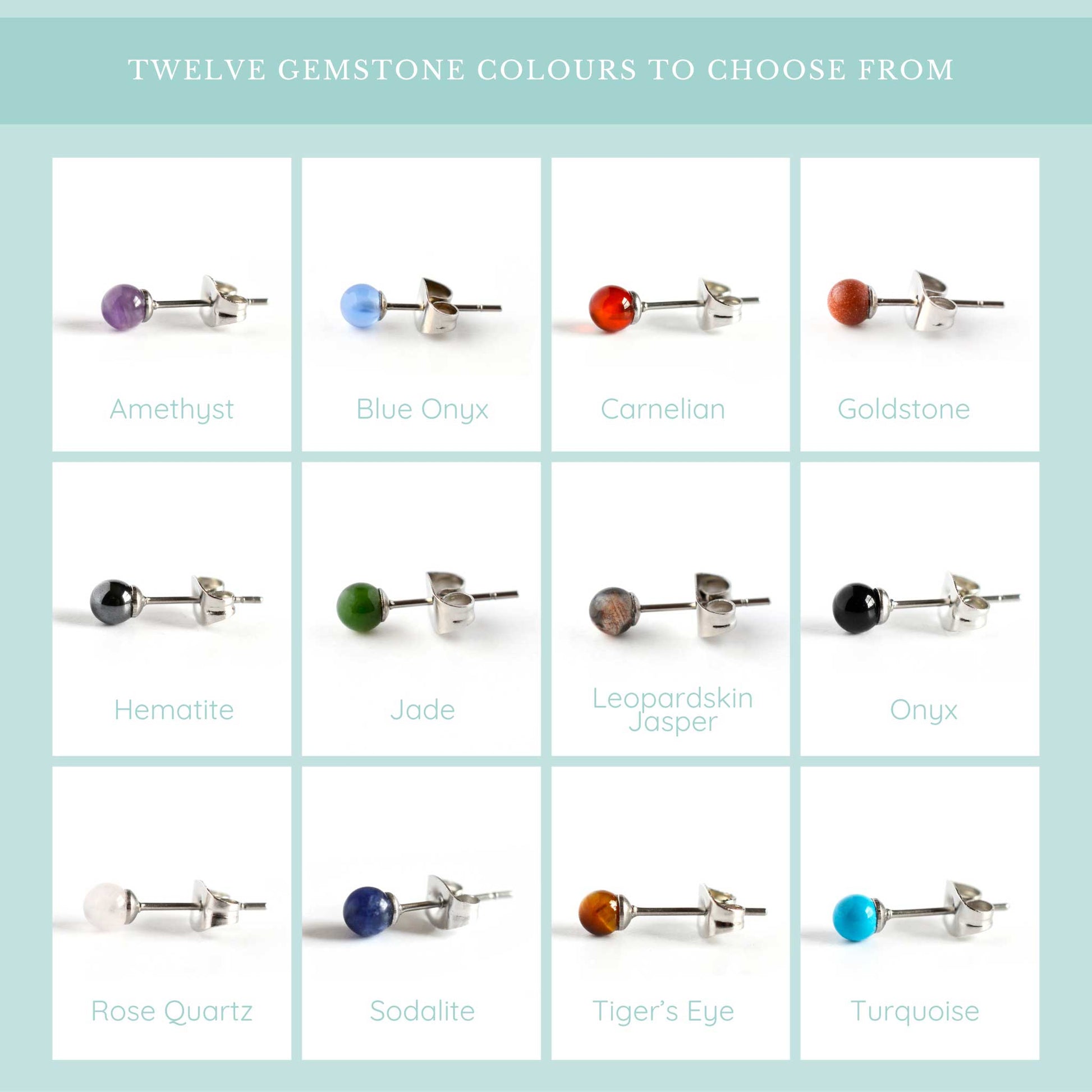 Graphic showing all twelve gemstone colours - Amethyst, Blue Onyx, Carnelian, Goldstone, Hematite, Jade, Leopardskin Jasper, Onyx, Rose Quartz, Sodalite, Tiger's Eye & Turquoise.