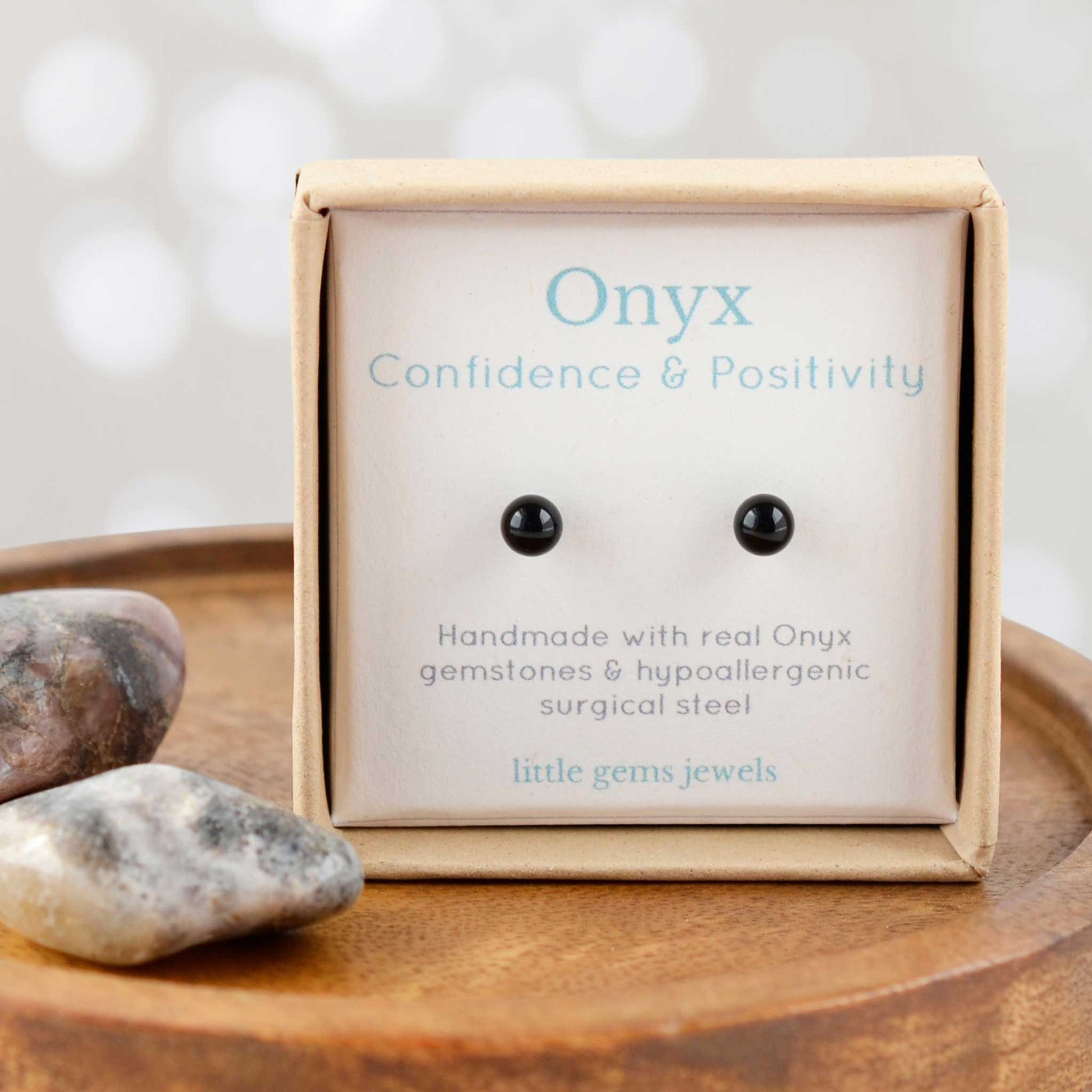 Onyx for confidence & positivity small gemstone stud earrings in eco-friendly gift box.