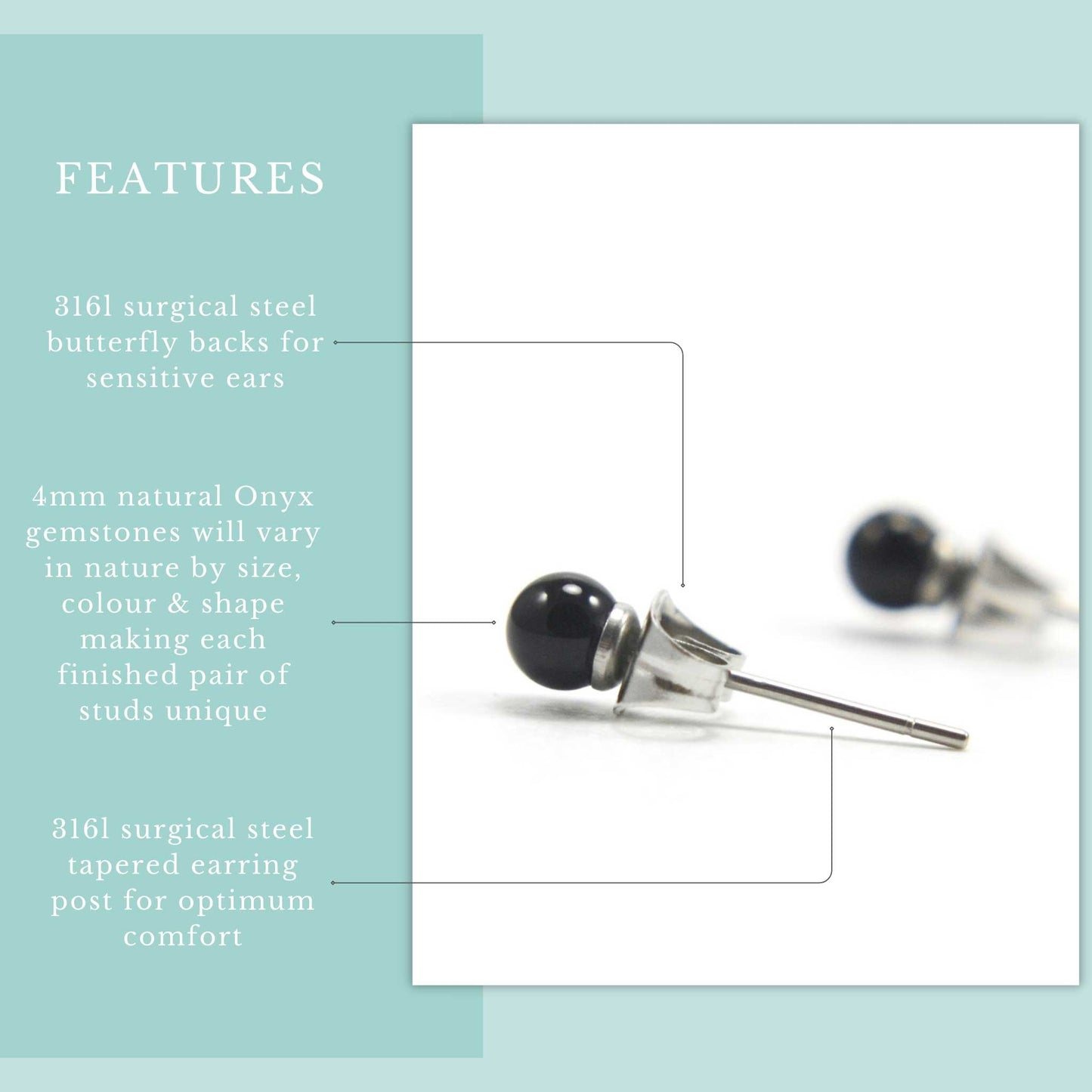 4mm Onys stud features graphic. Real Onyx gemstones with hypoallergenic surgical steel for sensitive ears.