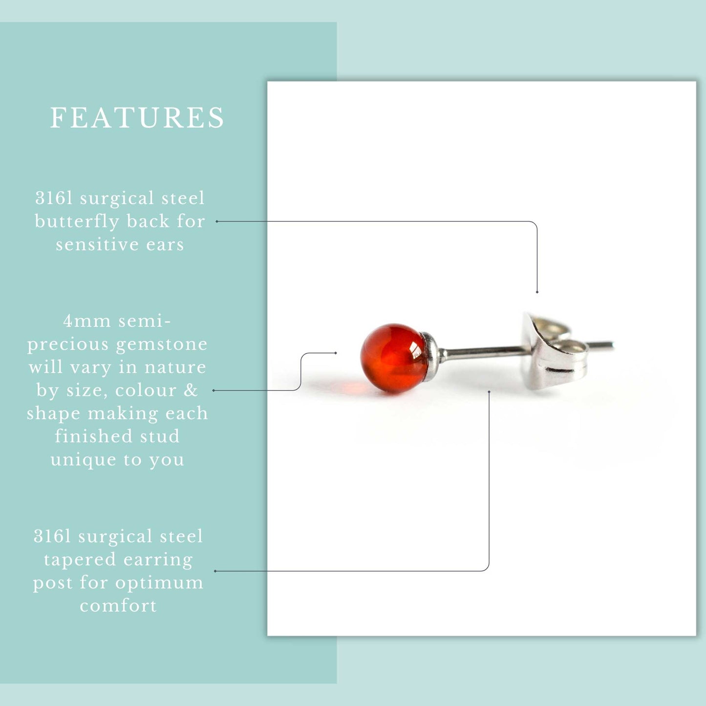 4mm single gemstone stud features graphic - hypoallergenic surgical steel with semi precious gemstones. 