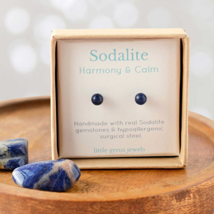 Blue Sodalite gemstone for harmony and calm tiny ball stud earrings in eco friendly gift box.