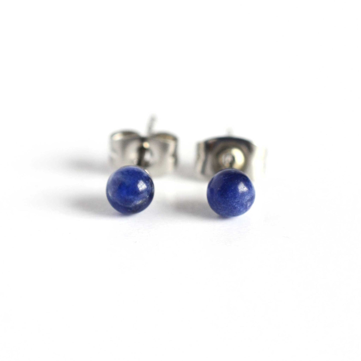 Front view 4mm Sodalite gemstone ball stud earrings.
