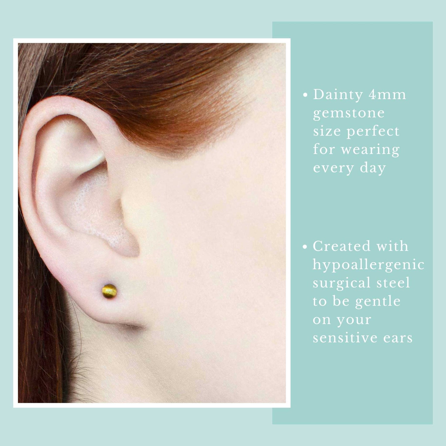 Woman wearing tiny brown gemstone stud earring in earlobe.