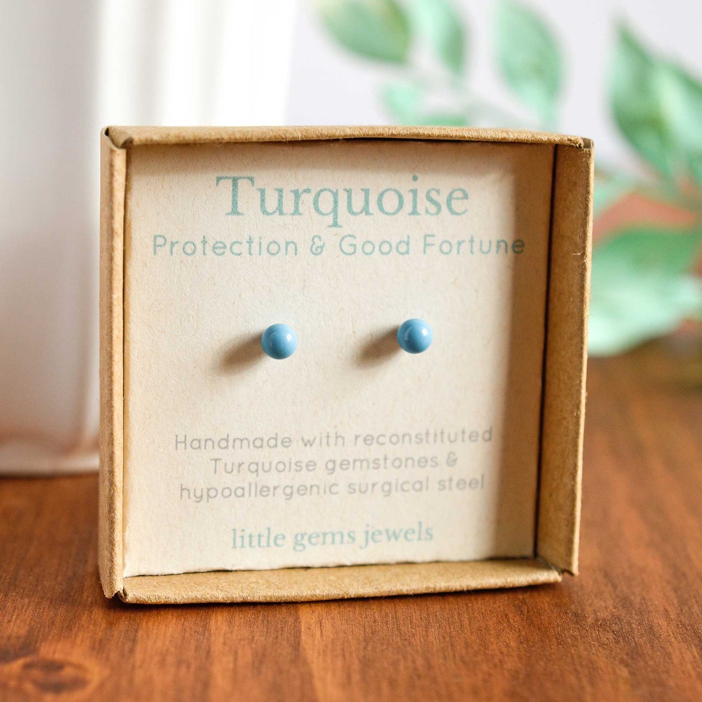 Tiny Turquoise stud earrings in eco friendly gift box