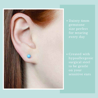 Woman wearing tiny 4mm Turquoise stud earring in earlobe.