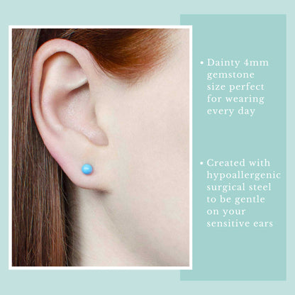 Close-up of an ear wearing a blue earring with text about earring size and material on a light blue background