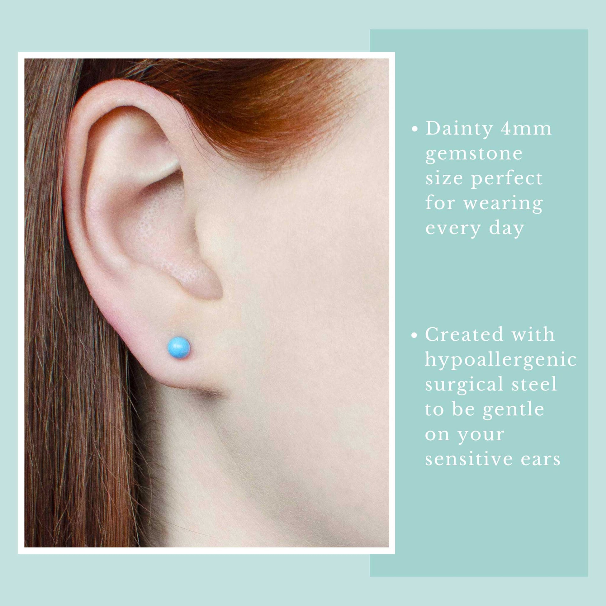 Model with red hair wearing dainty 4mm Turquoise gemstone stud earring in earlobe.