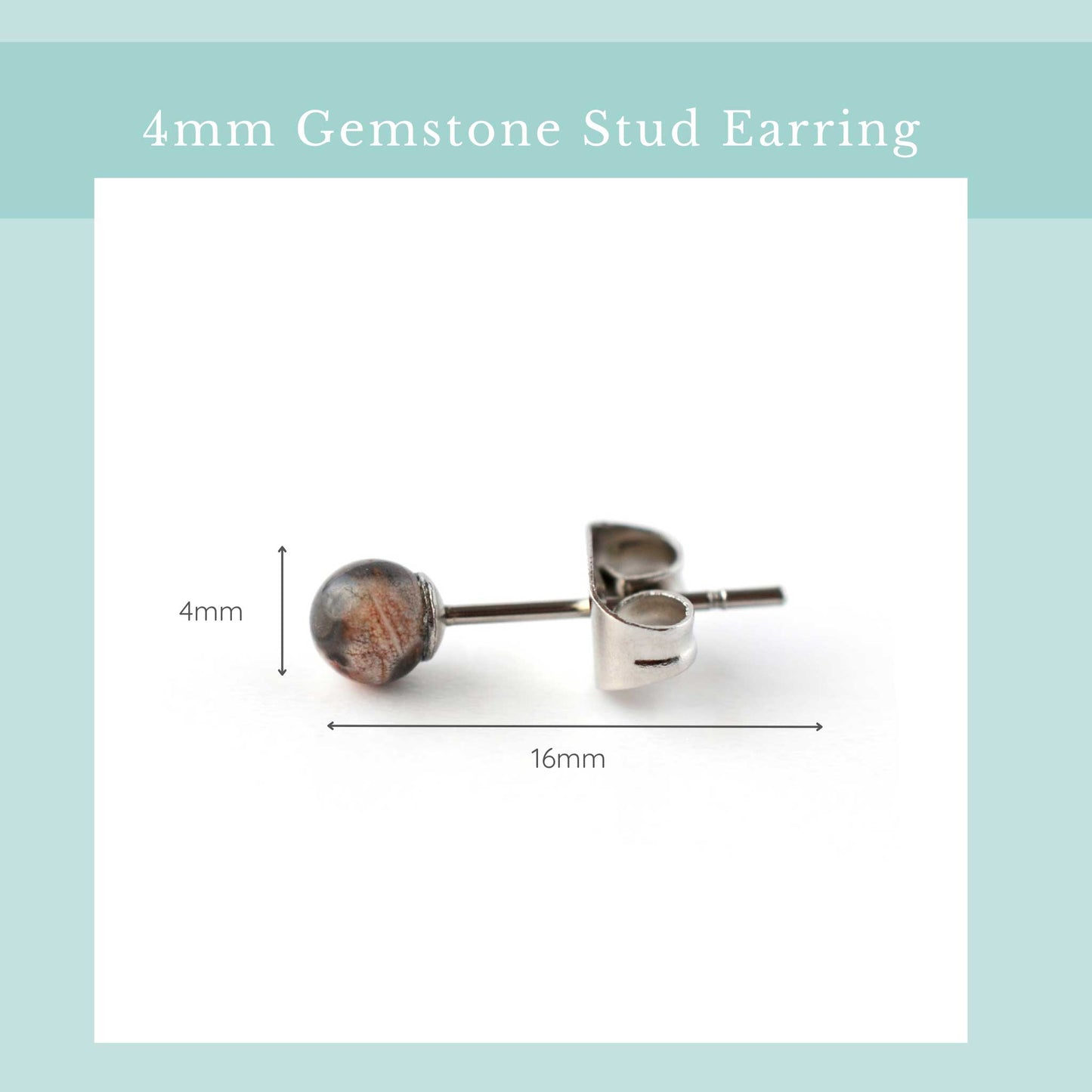 4mm gemstone stud earring size graphic - width 4mm, length 16mm.