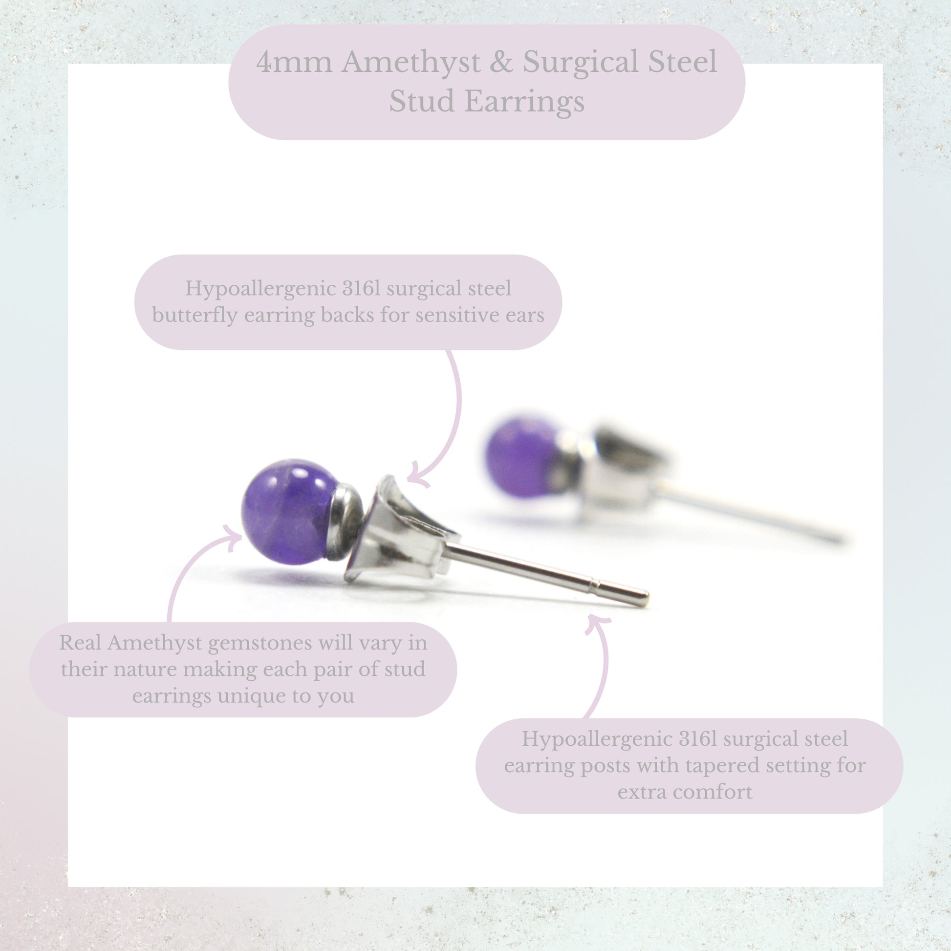 Product information graphic for 4mm Amethyst & surgical steel stud earrings