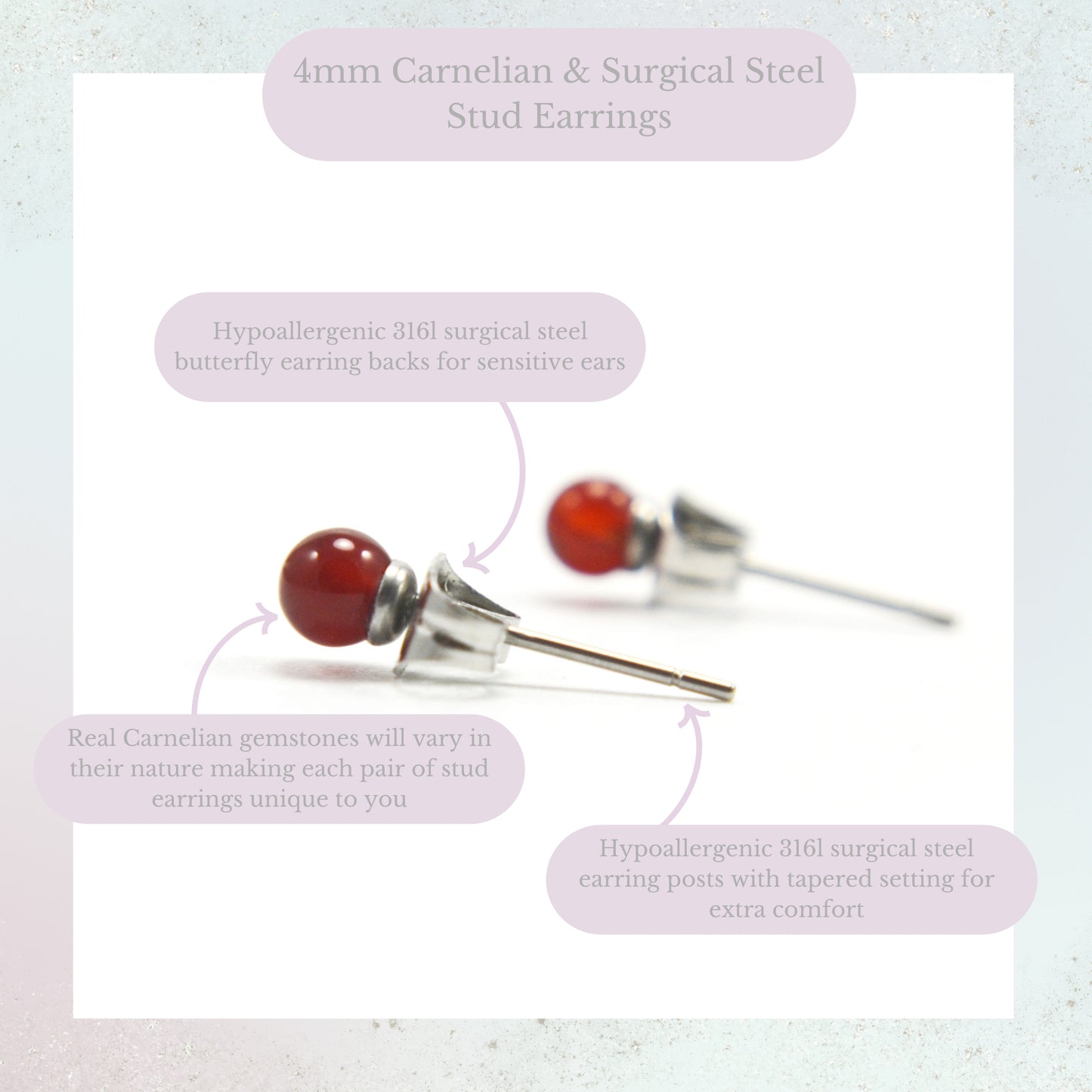 Product information graphic for 4mm Carnelian & surgical steel stud earrings