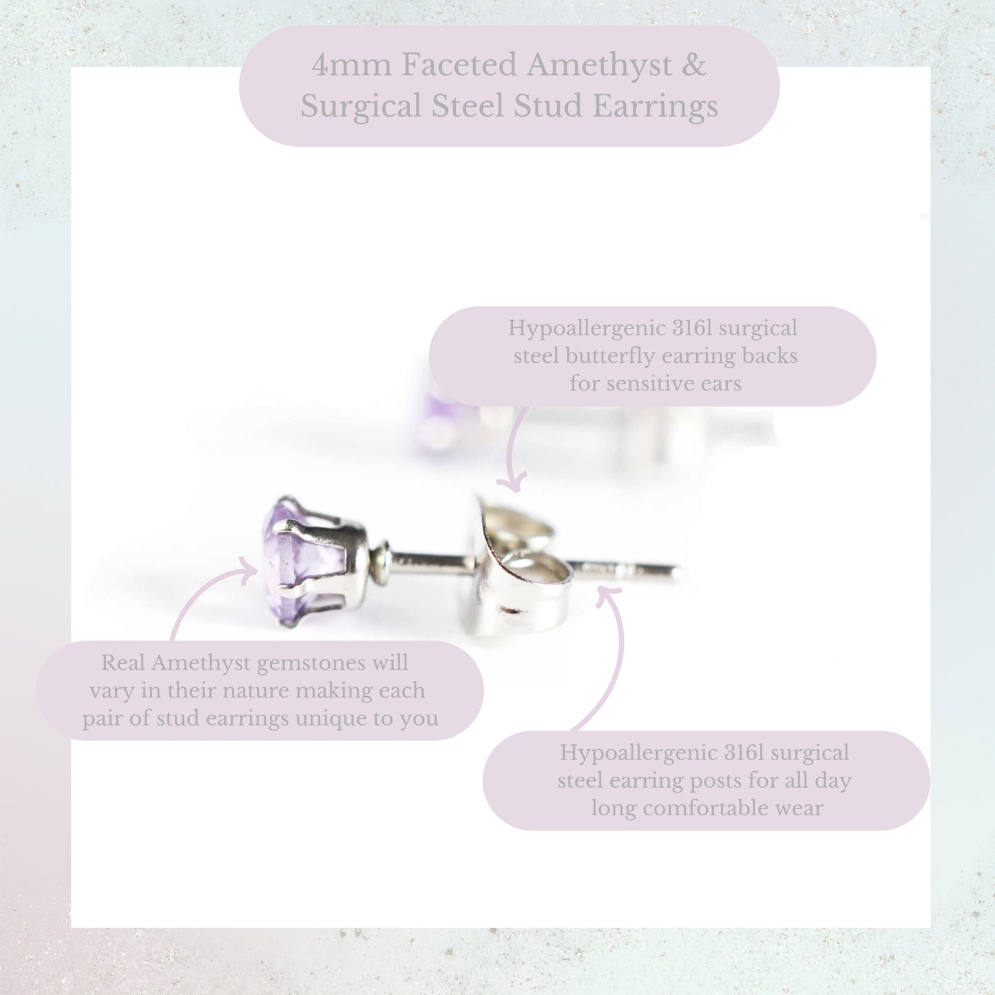 Product information graphic for 4mm faceted Amethyst stud earrings