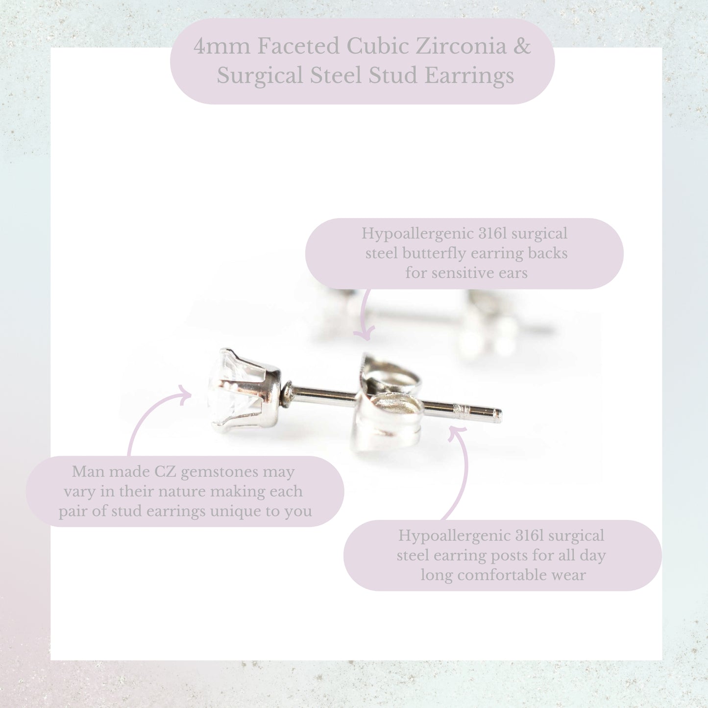 Product information graphic for 4mm faceted Cubic Zirconia stud earrings