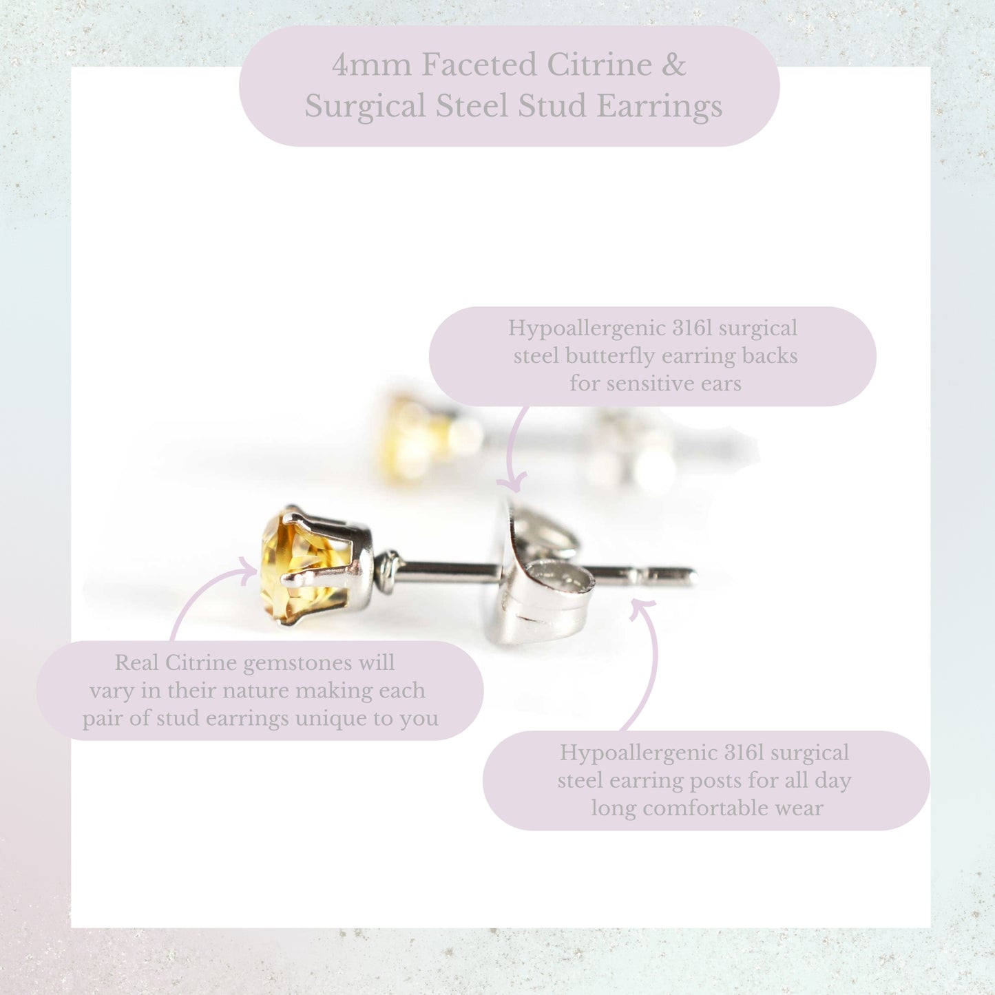 Product information graphic for 4mm faceted Citrine stud earrings