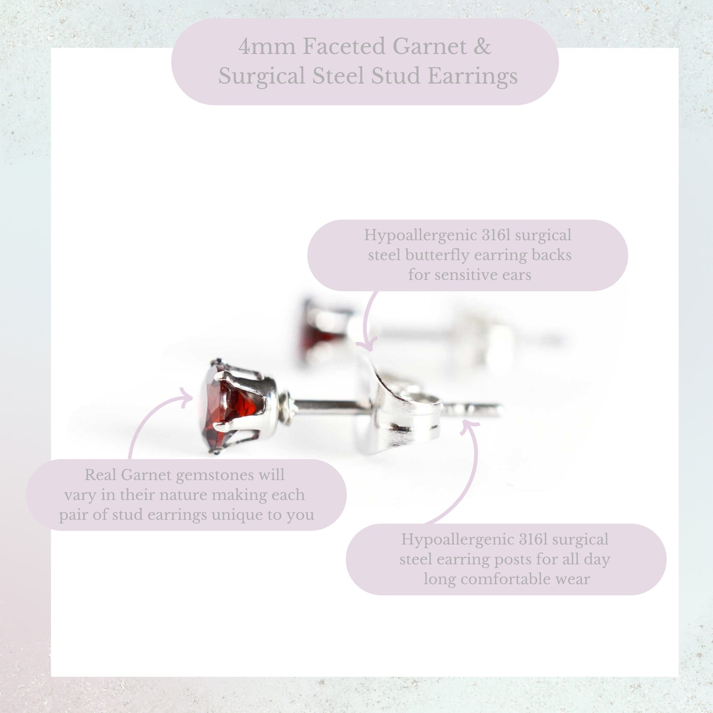 Product information graphic for 4mm faceted Garnet stud earrings