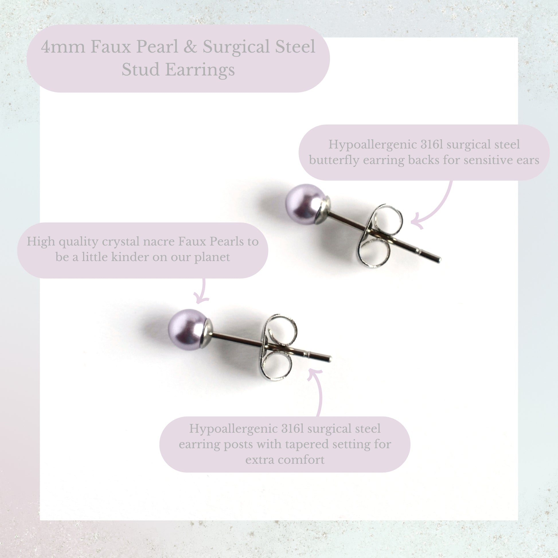 4mm faux pearl and surgical steel stud earring product information graphic