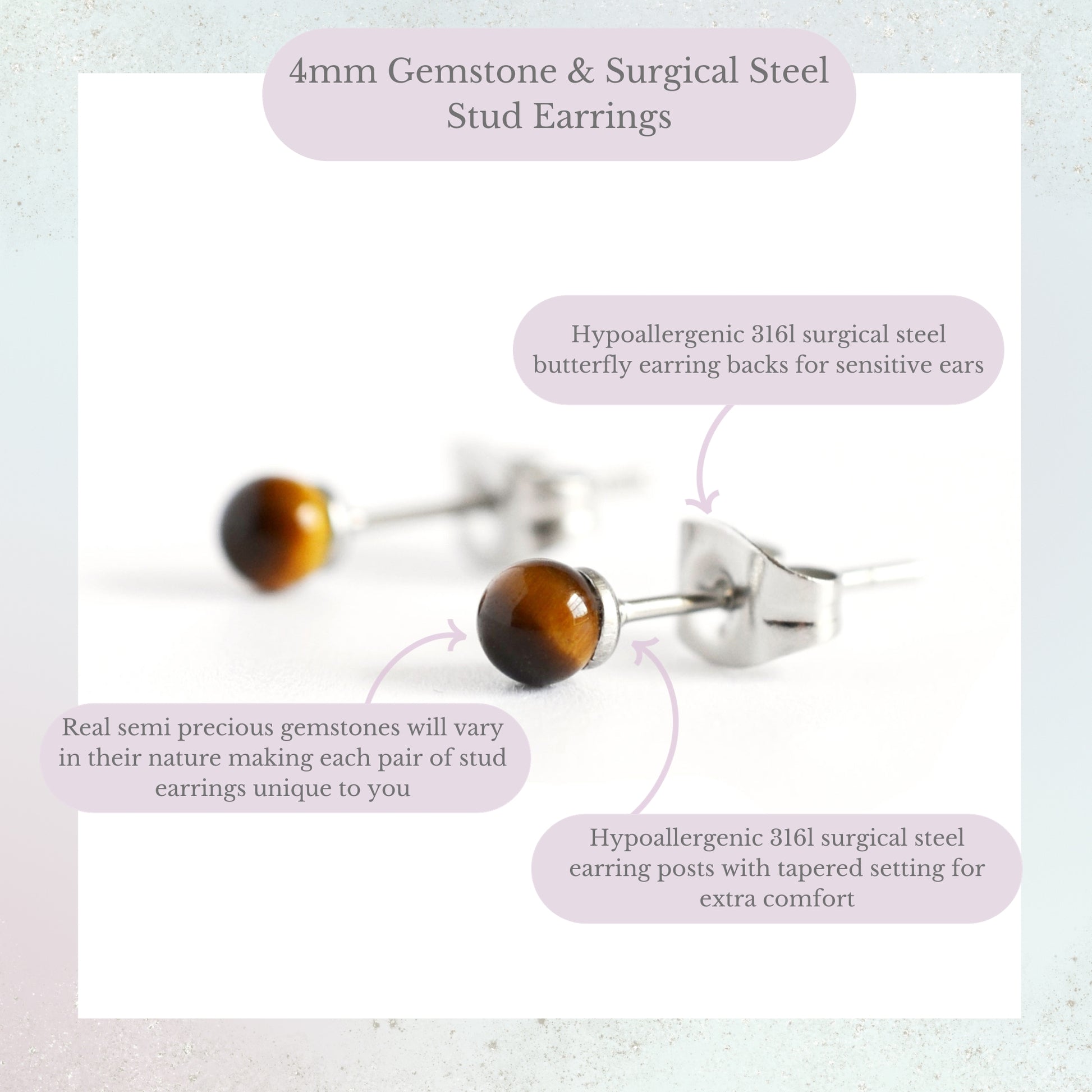 4mm gemstone & surgical steel stud earrings product information graphic