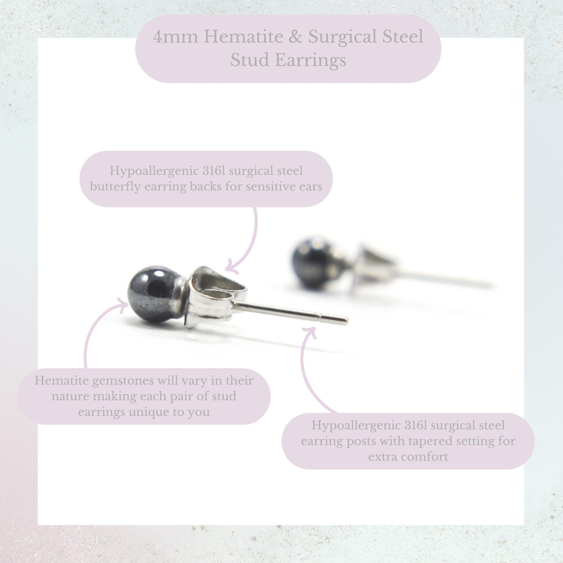 Product information graphic for 4mm Hematite & surgical steel stud earrings
