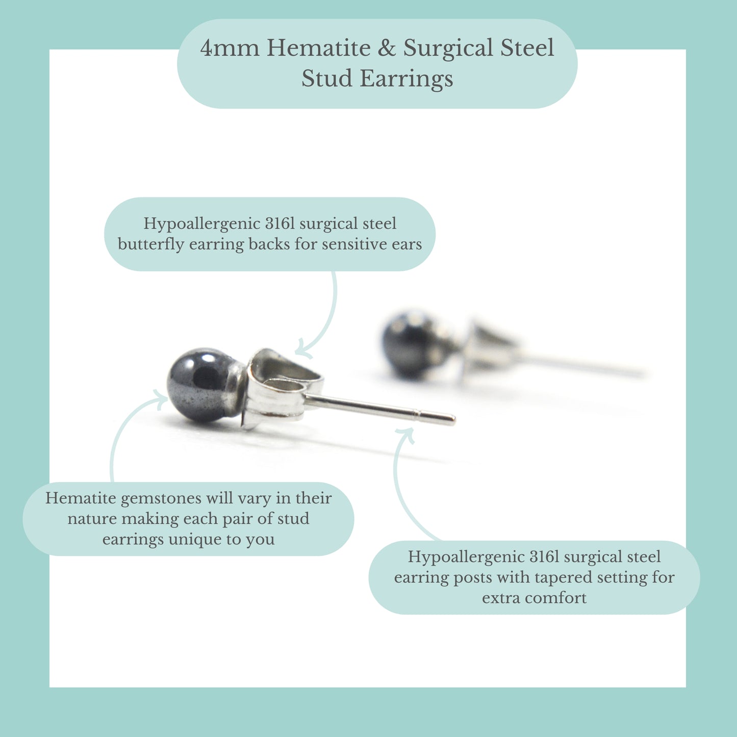 Product information graphic for 4mm Hematite & surgical steel stud earrings