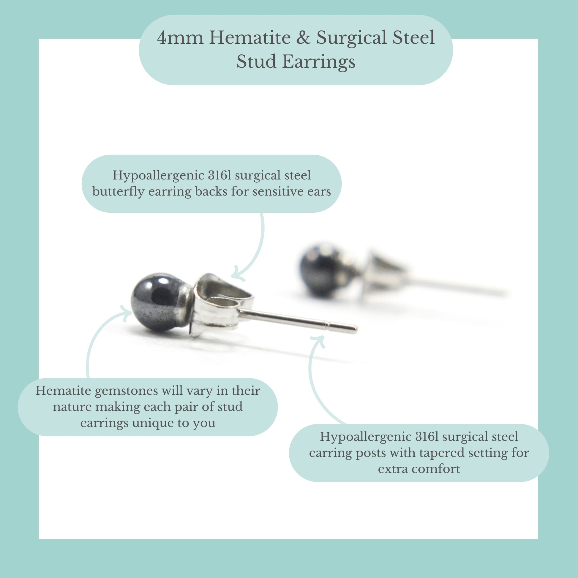 Product information graphic for 4mm Hematite & surgical steel stud earrings