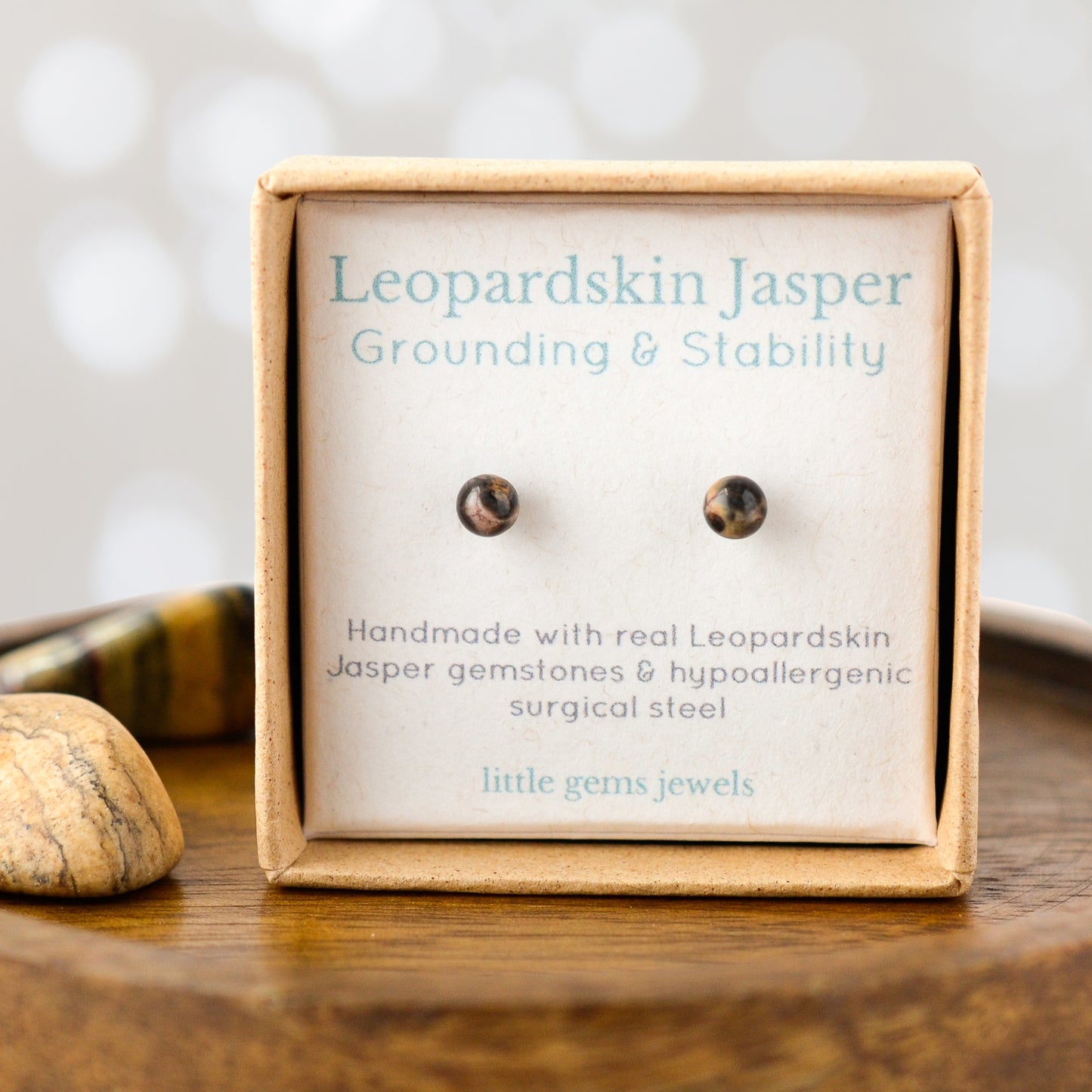 Tiny Leopardskin Jasper gemstone stud earrings in gift box