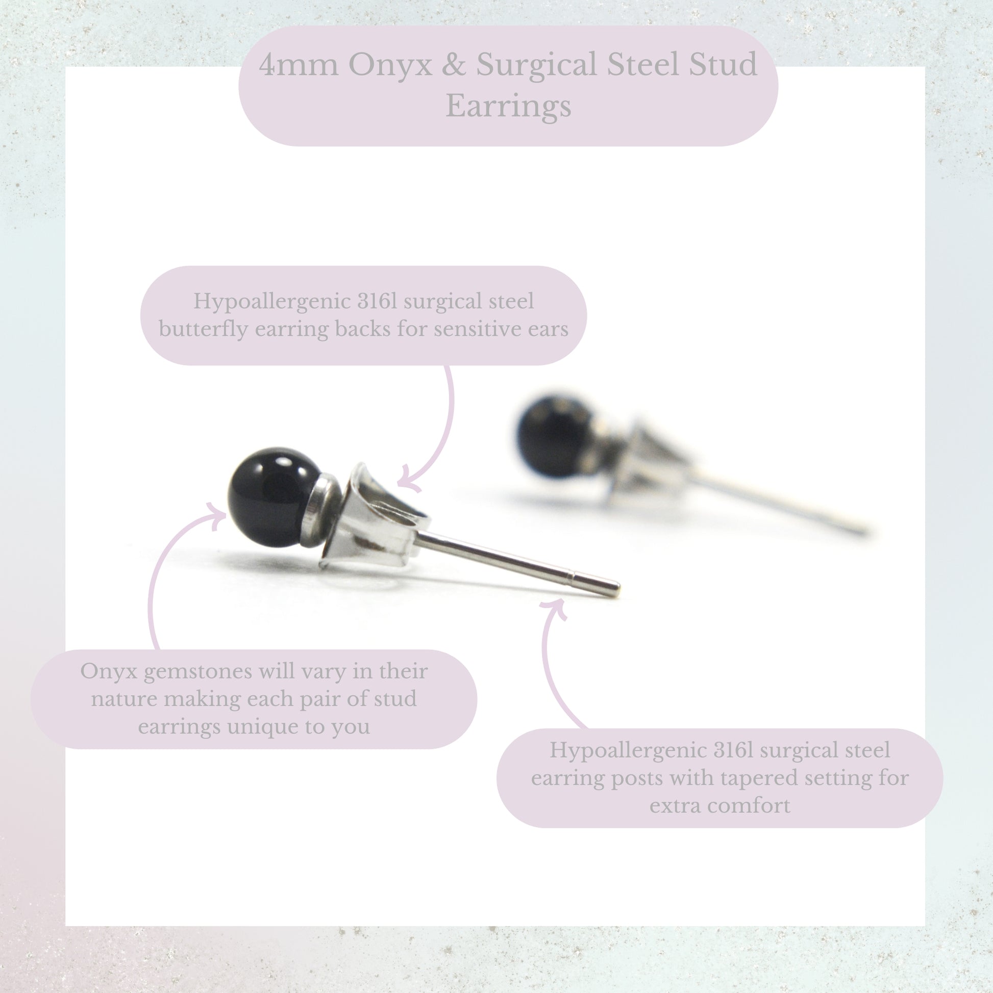 Product information graphic for 4mm Onyx & surgical steel stud earrings