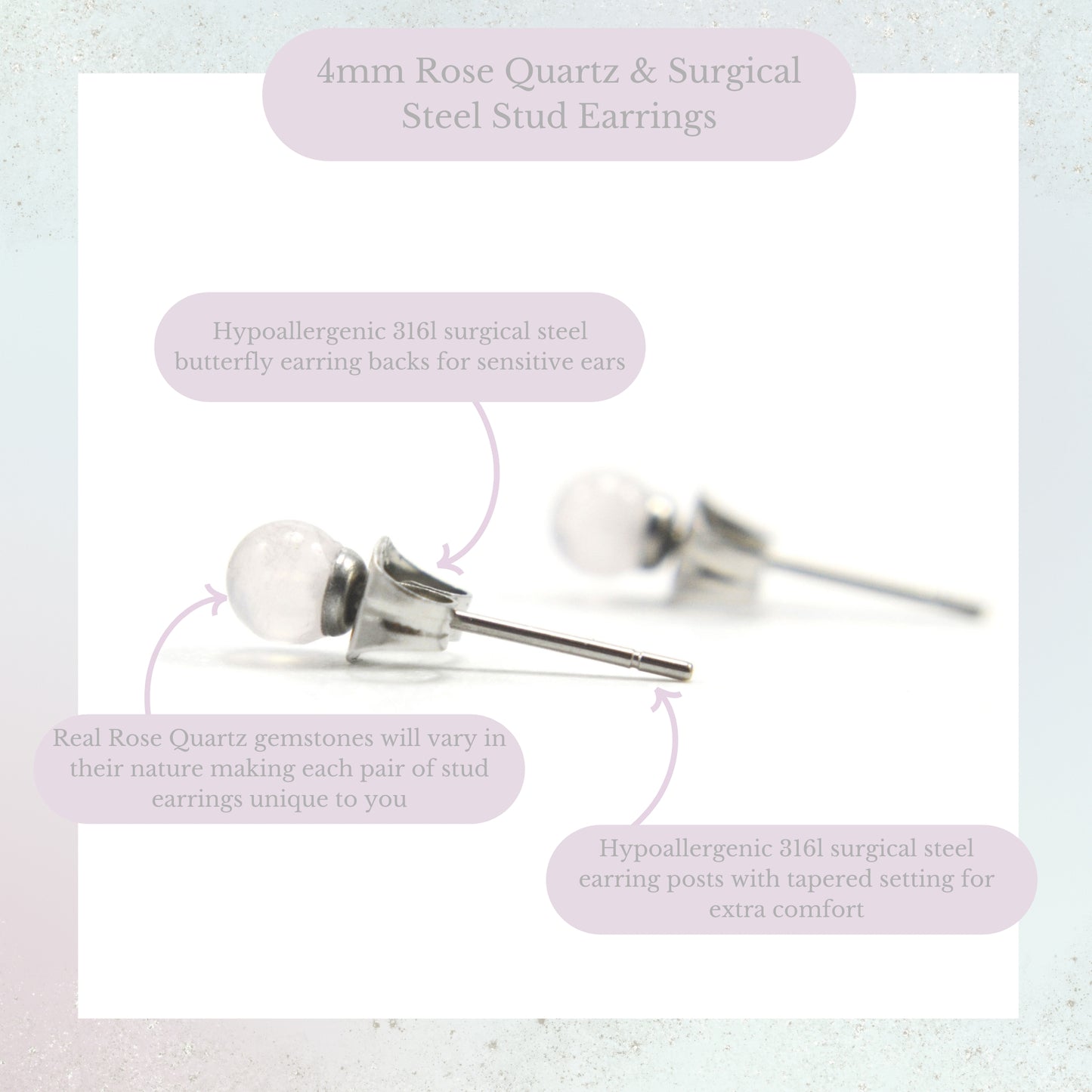 Product information graphic for 4mm Rose Quartz & surgical steel stud earrings
