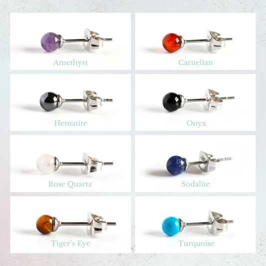 Graphic showing all eight gemstone colours of single stud earrings