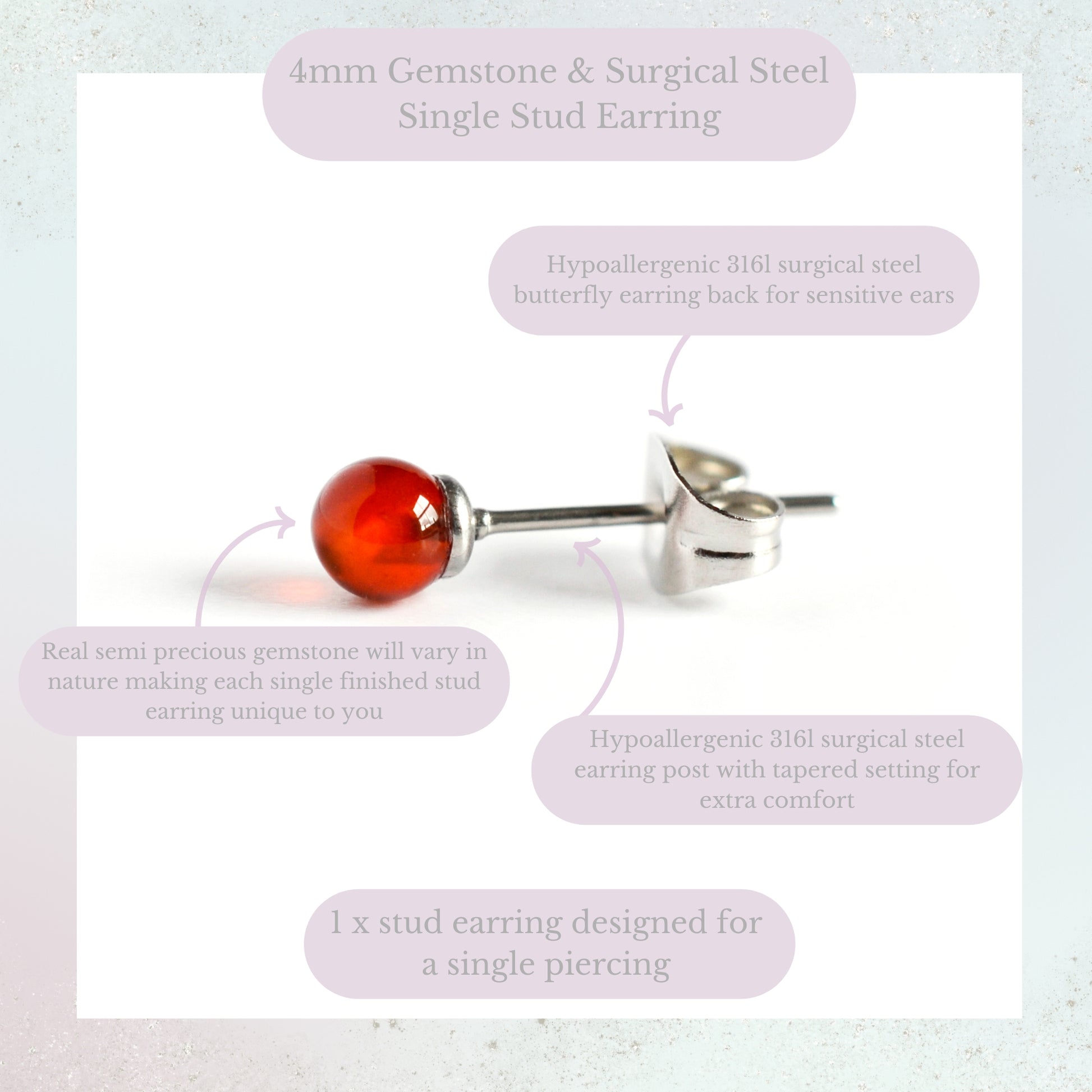 Product information graphic for 4mm gemstone & surgical steel single stud earring