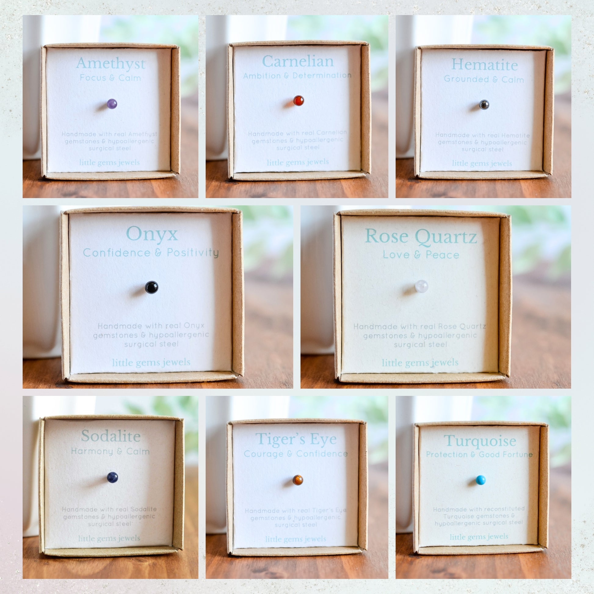 Graphic showing eight different gemstone single stud earrings in their gift boxes