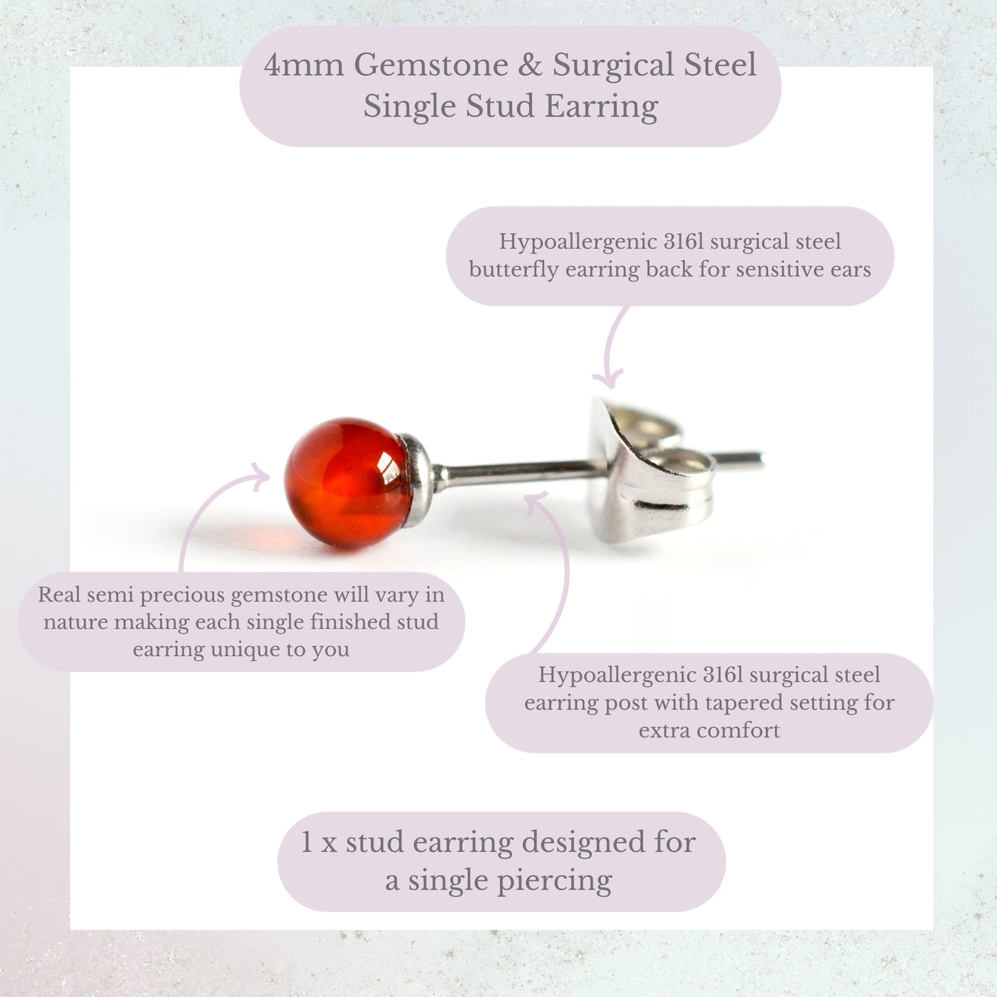 4mm gemstone & surgical steel single stud earring product information graphic